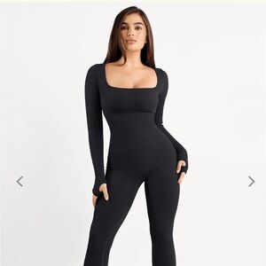 Black Long Sleeve Square Neck Jumpsuit